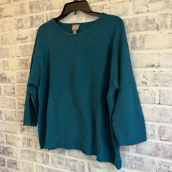 Chico’s Teal Ribbed Knit Raglan 3/4 Sleeve l Pullover Tunic Sweater Top Large 12 - Picture 2 of 8